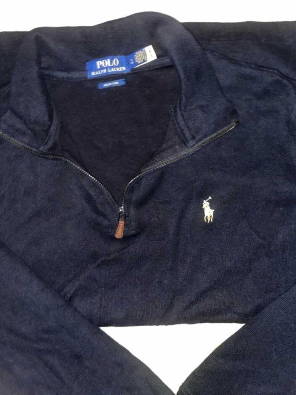 Polo Ralph Lauren Navy Estate Rib Quarter-Zip L Leather Pull NWOT